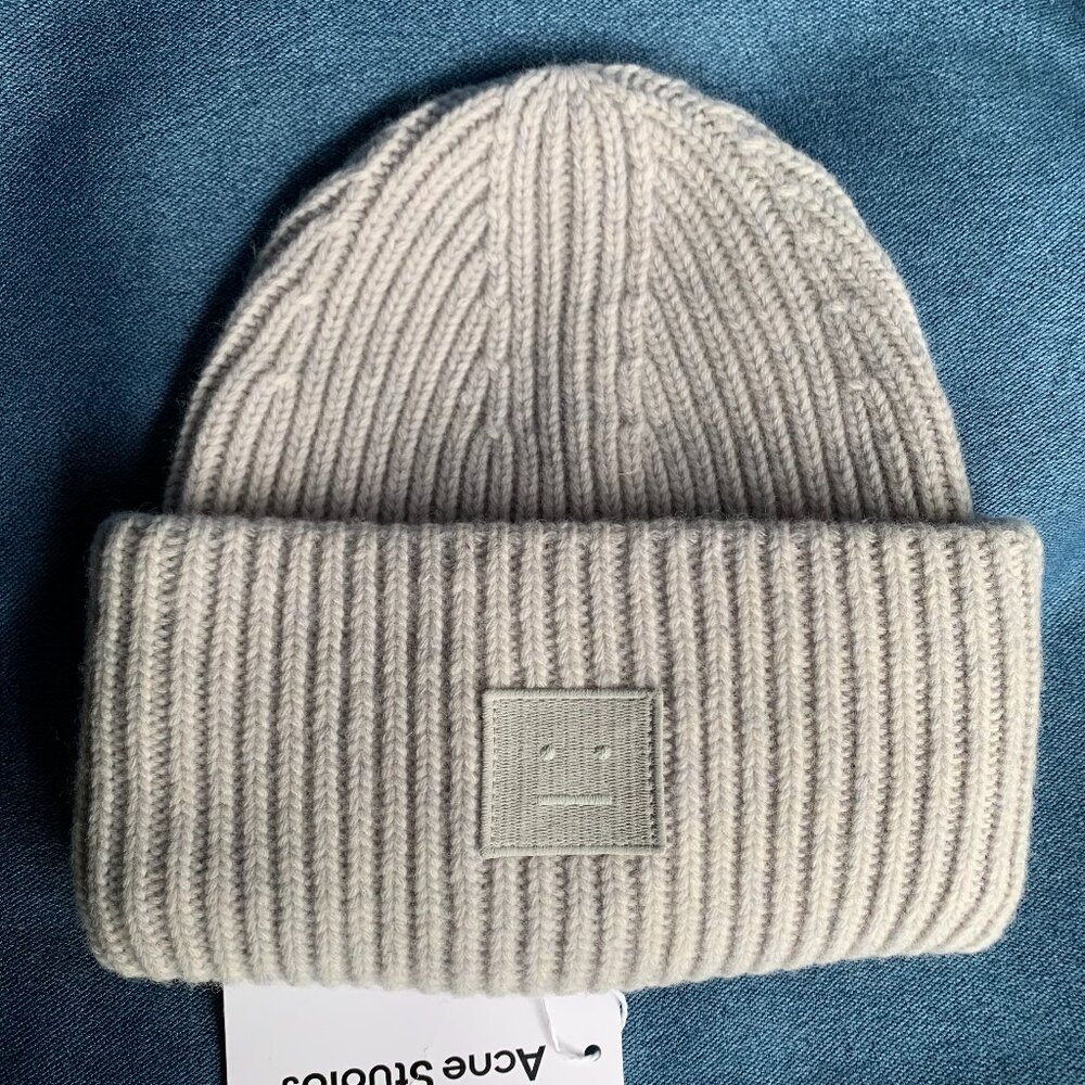 Acne Studios Wool Rib Knit Beanie Neutral Beige Face Patch Hat